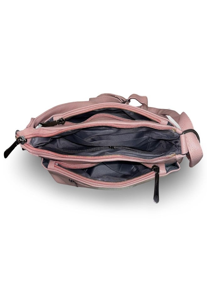 GLOSSY PU Women's Sling Bag, 4 Zipper Compartments, casual use, travel use (Pink) - Image 4